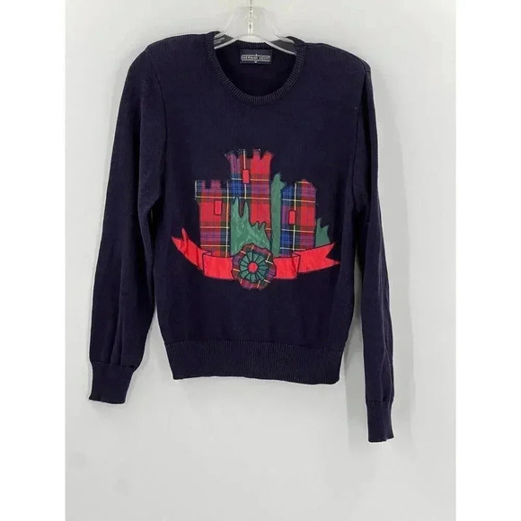VINTAGE HERMAN GEIST EMBORIDERED PLAID CASTLE COTTON NAVY BLUE SWEATER MEDIUM - Picture 4 of 8